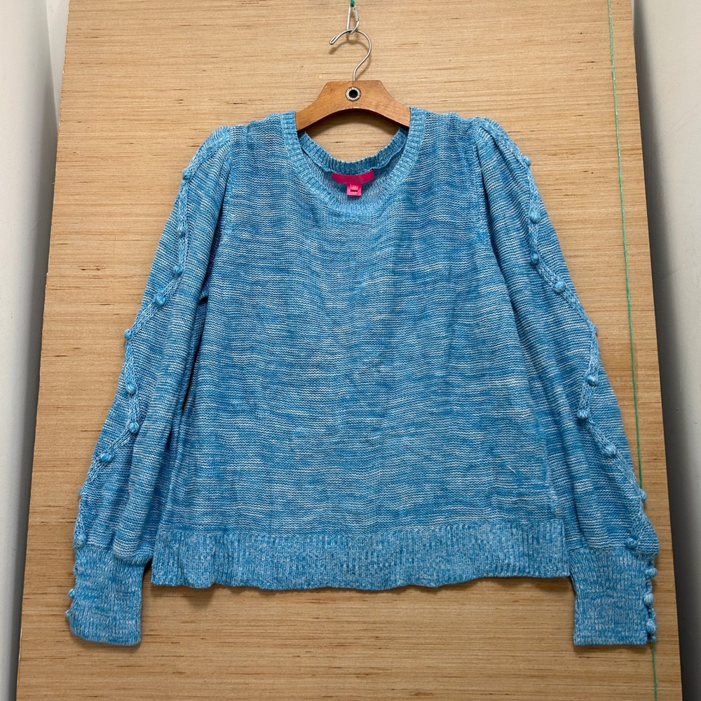 Lilly Pulitzer Blue Space Dye Pom Pom Puff Sleeve Knit Sweater XL Crew Neck